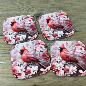 Male Cardinal and Flowers Set of 4 Coasters